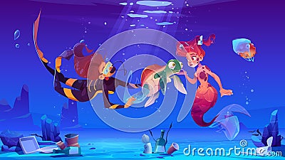 Diver girl and mermaid help underwater animals Vector Illustration