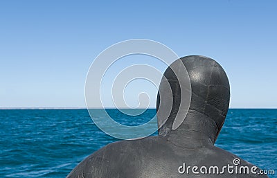 Diver in neoprene suit, back. Stock Photo