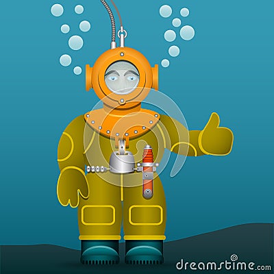 Diver in an old suit and scuba diving helmet. Cartoon style. Vector Image. Vector Illustration