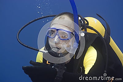 Diver on safety stop Stock Photo