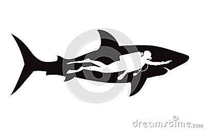 Diver beside shark silhouette Vector Illustration