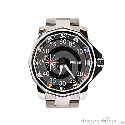 Diver silver titanium watch with a bezel, displays the moon cycles and with a rubber strap Stock Photo