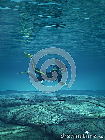 Diver swimming underwater Cartoon Illustration