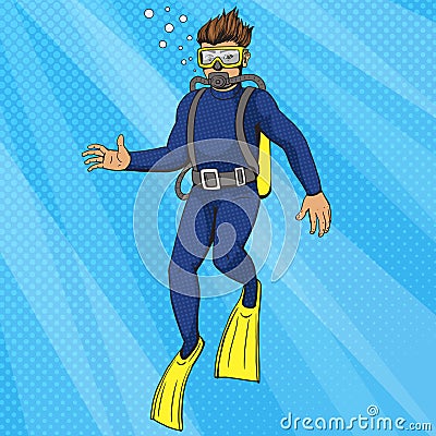 Diver uder water pop art style vector Vector Illustration