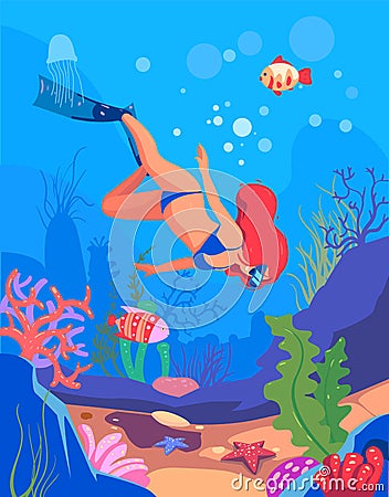 Diver. Underwater world. Girl dive Vector Illustration