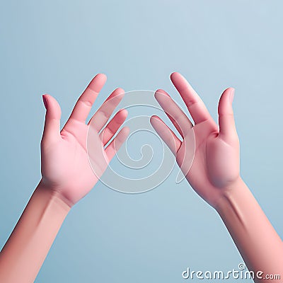 Diverging Paths: Close-Up of Pink Hands Pointing in Different Directions on Pastel Blue Background Stock Photo