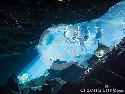 Divers in the cenote Chac Mool Editorial Stock Photo