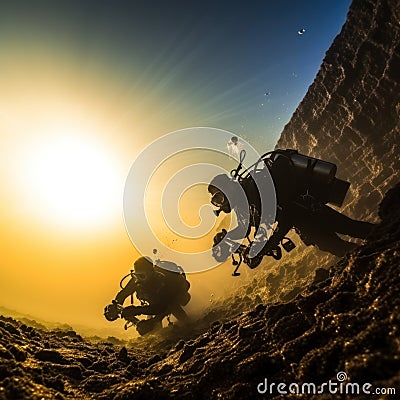 Divers are on cliffs and sea troughs adventuring on the seabed Stock Photo