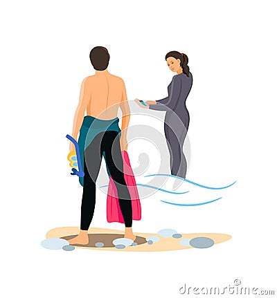 Divers couple together man and woman in swimsuit. Young man put on, take off swimwear and girl in diver costume Vector Illustration