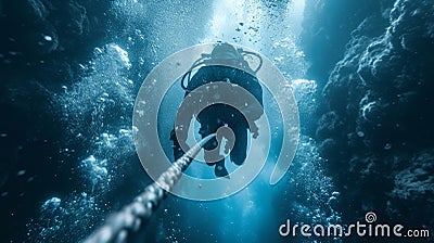 Divers Decompressing Underwater on a Rope AI Generated Cartoon Illustration