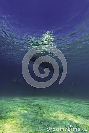 Divers doing a safety stop under the dive boat Stock Photo