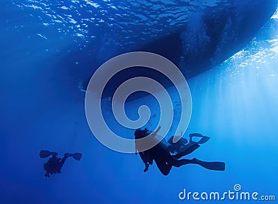 Divers Return To Boat Underwater with Boat on Surface in Silhouette Stock Photo