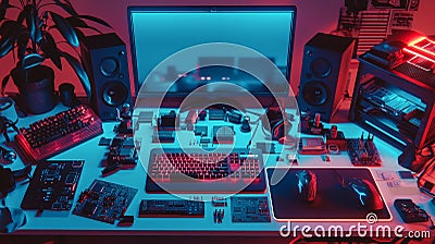 Diverse array of high-tech electronic components in modern engineering workspace. concept of innovation, circuit design Stock Photo