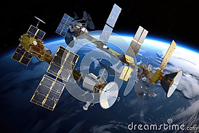 diverse array of satellite and space probe technologies, each specialized for a specific task Stock Photo