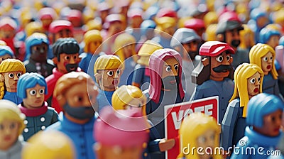 Diverse array of toy figures with VOTE sign, showcasing democracy. Multicolored miniature people in a crowd promoting Stock Photo