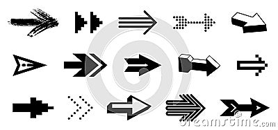 Diverse arrow cursors vector set, different shapes styles and concepts arrows single color monochrome graphic design elements for Vector Illustration