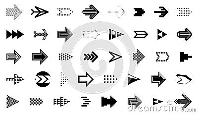 Diverse arrow cursors vector set, different shapes styles and concepts arrows single color monochrome graphic design elements for Vector Illustration