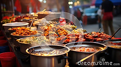 Diverse Asian street cuisine bustling vendors, savory delights Stock Photo