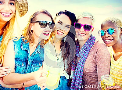 Diverse Beach Summer Girls Friends Bonding Concept Stock Photo