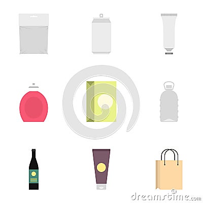 Diverse blank packages icons set, flat style Vector Illustration