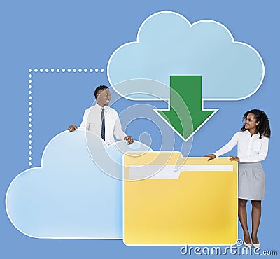Diverse business people downloading data from a cloud icons Stock Photo