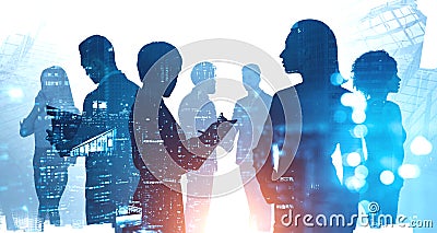 Diverse business people in night city, teamwork Stock Photo