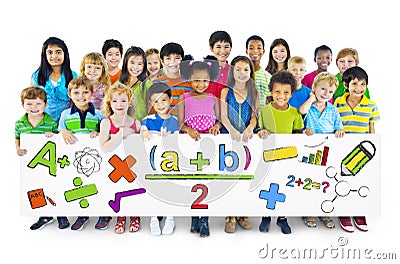 Diverse Cheerful Children Holding Mathematical Symbols Stock Photo