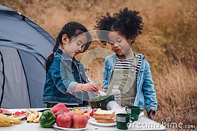 Diverse children of asian and african american friends having fun palying cooking together during going camping countryside Stock Photo