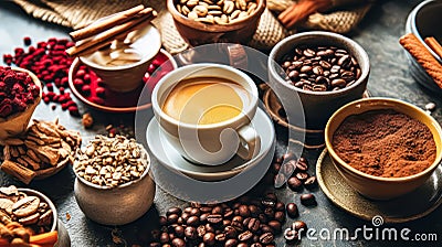 diverse coffee cups surrounded by an array of nuts and spices Stock Photo