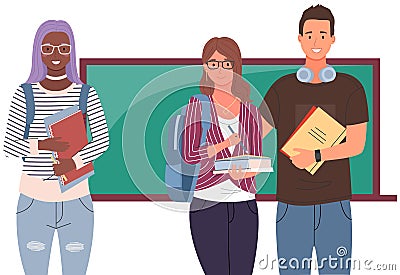 Diverse college, university, school students group standing on background of blackboard in class Vector Illustration