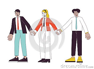 Diverse corporate employees holding hands flat line color vector characters Vector Illustration