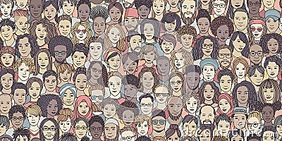 Seamless banner of diverse hand drawn faces Vector Illustration