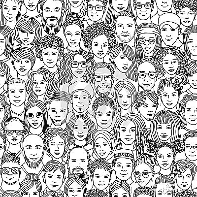 Diverse crowd of people in black and white Vector Illustration