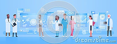 Diverse Doctors Group Use Virtual Computer Screen With Digital Buttons Innovation Technology Concept Modern Medical Vector Illustration