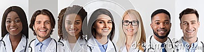 Diverse Doctors Portraits In Collage, Happy Medical Workers Headshots Row Stock Photo