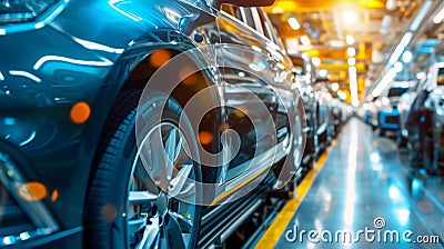 Diverse engineering team in safety gear collaborate on luxury car production at modern factory Stock Photo