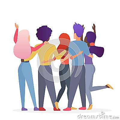 Diverse friend group of people hugging together. Back view of teenage boys and girls or school friends standing together Vector Illustration
