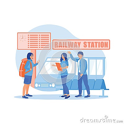 Diverse friends using local map navigation together on the train station platform. Take a local tourist trip by train. Vector Illustration