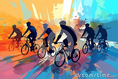 A diverse group of female and male cyclists from road racers, ebike riders and mountain bikers Cartoon Illustration