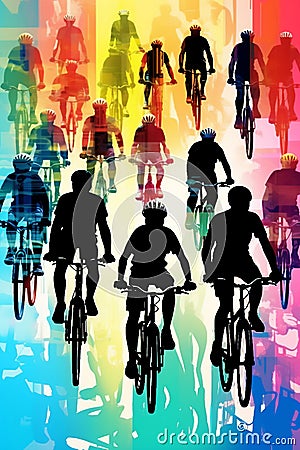 A diverse group of female and male cyclists from road racers, ebike riders and mountain bikers Cartoon Illustration