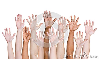 Diverse Group of Hands Raised up Stock Photo