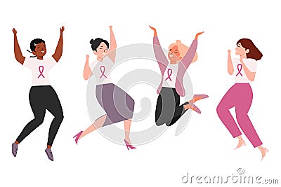 Diverse group of happy people jumping. Cheerful womens celebrating together. group of smiling womans dancing and jumping wearing Vector Illustration