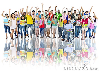 Diverse Group of High School Students with Arms Raised Stock Photo