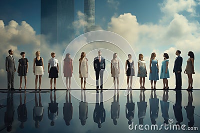 A diverse group of individuals standing together in front of a towering urban skyscraper, usinessmen and Businesswomen Stand Side Stock Photo