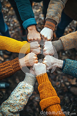 A diverse group joins fists in a circle, symbolizing teamwork and unity in soft daylight Stock Photo