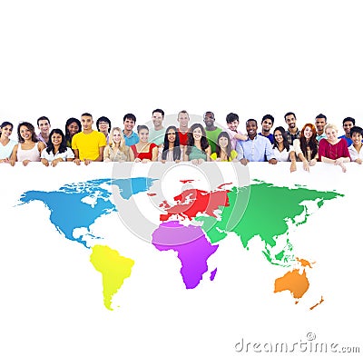 Diverse Group of People with Colourful World Map Stock Photo