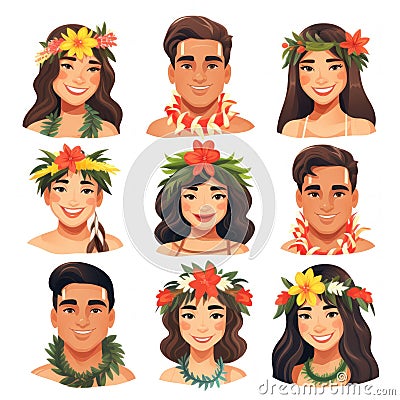 Diverse Group of People Wearing Hawaiian Leis AI Generated Cartoon Illustration