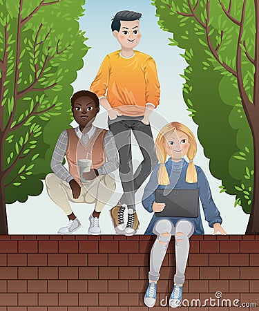 Diverse group of teenagers looking at tablet and sitting on brick wall of fence. Multiethnic friends company outdoor. Vector Illustration