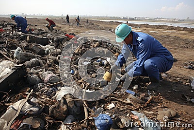 Diverse group of young volunteers actively participating in outdoor garbage cleaning project Stock Photo