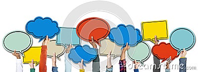 Diverse Hands Holding Colourful Speech Bubbles Stock Photo